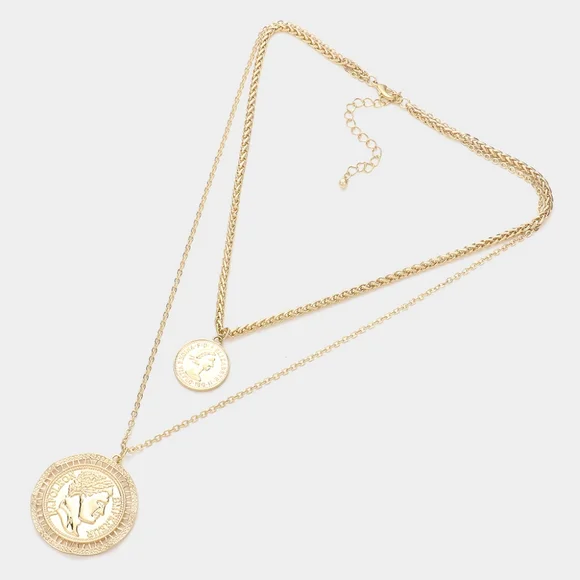 Gold Chain Double Layered Portrait Head Coin Link Necklace - Picture 2 of 11